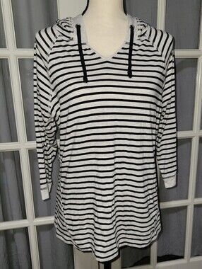 Christopher & Banks Blue and White Striped Hooded V-Neck Top